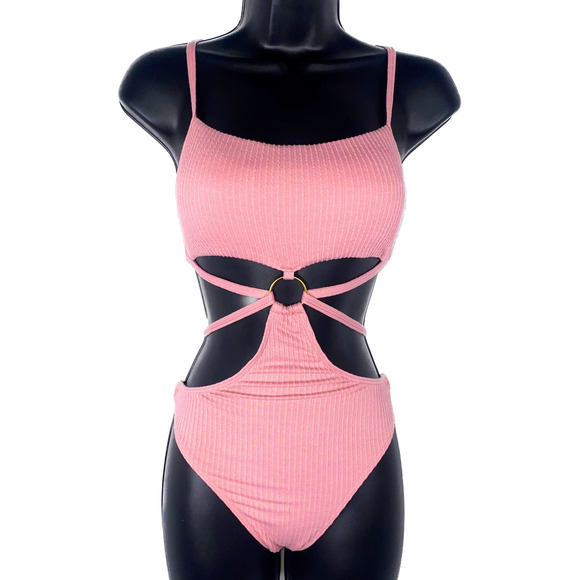 New‎ Large Pink Ribbed O-Ring Cut-out Open Sides One Piece Swimsuit Strappy Tie - Picture 2 of 5